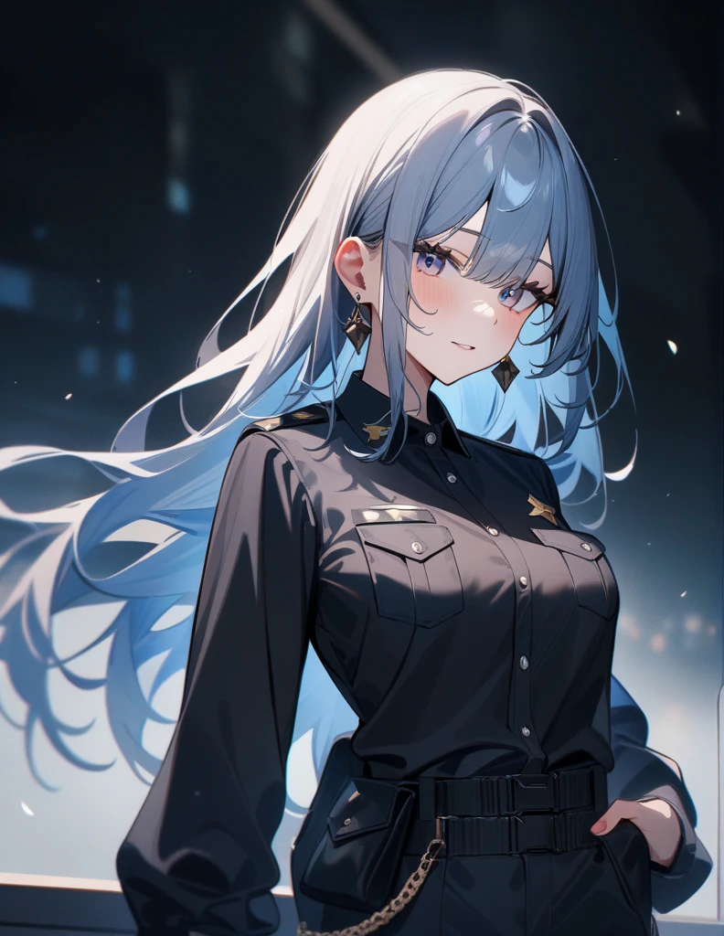 (high quality, 8K, 4k, masterpiece:1.2, high quality, best aesthetics), 1girl with police clothes,earings,medium breast