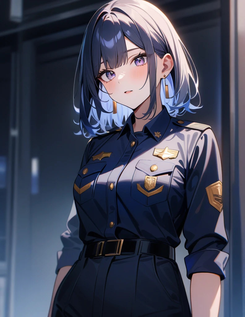 young girl, short gray hair, high ponytail, gray eyes, Blue Battle Shirt, Upskirt, robot behind, arma, Masterpiece, hiquality, 4k, HD, Good detail