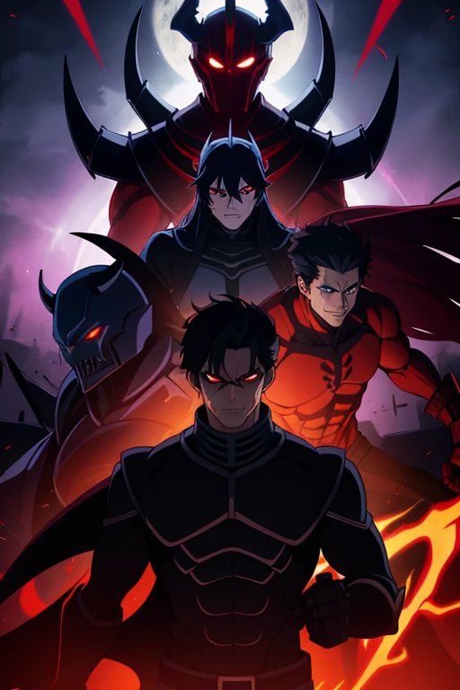 About Energy Man、Dark supervillain、Shapeshifter、Shapeshifter、Epic animation of superheroes、《Devil God》、、《god of demons》、、《god of demons》、《Dark God》，《Violent Skeleton Knight Armadura Negra》，Red eyes，Red tattoo on the face，Black hair，douchebag，Bad Guy，