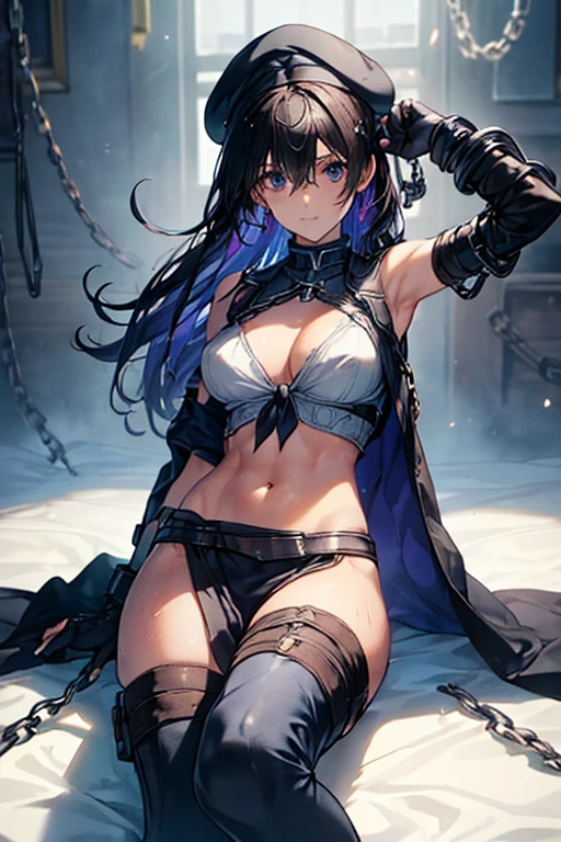 (Thynasha:1.2),dark blue hair,very long hair, purple eyes,(beautiful detailed eyes:1.0), extremely detailed face, perfect lighting, hair between eyes,bangs, (black beret, black jacket, open clothes, cleavage, midriff, black medium skirts,  black thighhighs, thigh strap, fingerless gloves, single glove:1.2), Photo,sharpness, F1.6 lens,hyper-realistic textures,spectacular light textures, Cinestil 800 Fashion Mechanics,(((Beautiful woman with left leg restrained by chains))),Appearance,Beautiful girl with accentuated slender abs: 1.1,six-pack abs: 1.1, Bust Botox,Standing on tiptoe, long legs,Long brown hair fluttering in the wind,Brown hair, Long hair, Female Warrior Costume,(No panties,No bra),(tacticul battle fashion,elbow and knee tacticul battle fashion, battle glove: 1.1),((cute batre costume)),The belly comes out and the navel is visible,Thin sheer costume, combat gloves,shredded costumes,cyber long combat boots with golden knee pads,Anatomical,(futuristic sci-fi battle fashion, new elbow and knee cyberpads, new cyberlong boots, new cybergloves: 1.1),(tied perfectly by iron chain:1.3), Restraint, Slave, collars, contempt, (Chained), 4 chains hung from heaven, Metallic shackles and fetters, wet crotch clearly visible,((Hands are restrained above the head)), the neck is chained,Chain from left knee to heaven,Chained by rusty iron chains,((the tip is protruding, areolas protruding,The shape of the pubic harearea is clearly visible:0.9)),Sweating,Wet,Wet crotch,Wet thighs,Junkyard, Realistic, (cute, perfect clothes, skimpy clothes, cute: 1.3) ,Vast miritary base in us,((wide mirtary hospital with summer sunlight)), peeling ceilings, Rebar between, Realistic material details, Extreme details, Ultra-realistic materials,narrow waist,(with sparkling eyes and a contagious smile:0.9),looking at viewer,
