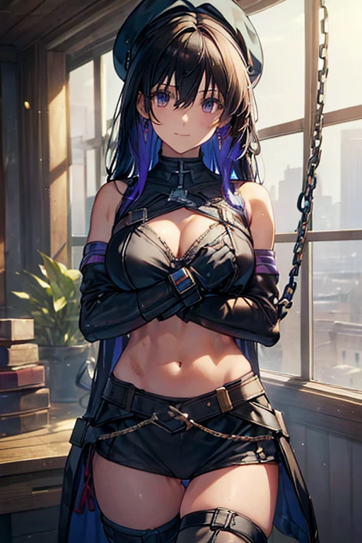 (Thynasha:1.2),dark blue hair,very long hair, purple eyes,(beautiful detailed eyes:1.0), extremely detailed face, perfect lighting, hair between eyes,bangs, (black beret, black jacket, open clothes, cleavage, midriff, black medium skirts, black thighhighs, thigh strap, fingerless gloves, single glove:1.2), Photo,sharpness, F1.6 lens,hyper-realistic textures,spectacular light textures, Cinestil 800 Fashion Mechanics,(((Beautiful woman with left leg restrained by chains))),Appearance,Beautiful girl with accentuated slender abs: 1.1,six-pack abs: 1.1, Bust Botox,Standing on tiptoe, long legs,Long brown hair fluttering in the wind,Brown hair, Long hair, Female Warrior Costume,(No panties,No bra),(tacticul battle fashion,elbow and knee tacticul battle fashion, battle glove: 1.1),((cute batre costume)),The belly comes out and the navel is visible,Thin sheer costume, combat gloves,shredded costumes,cyber long combat boots with golden knee pads,Anatomical,(futuristic sci-fi battle fashion, new elbow and knee cyberpads, new cyberlong boots, new cybergloves: 1.1),(tied perfectly by iron chain:1.3), Restraint, Slave, collars, contempt, (Chained), 4 chains hung from heaven, Metallic shackles and fetters, wet crotch clearly visible,((Hands are restrained above the head)), the neck is chained,Chain from left knee to heaven,Chained by rusty iron chains,((the tip is protruding, areolas protruding,The shape of the pubic harearea is clearly visible:0.9)),Sweating,Wet,Wet crotch,Wet thighs,Junkyard, Realistic, (cute, perfect clothes, skimpy clothes, cute: 1.3) ,Vast miritary base in us,((wide mirtary hospital with summer sunlight)), peeling ceilings, Rebar between, Realistic material details, Extreme details, Ultra-realistic materials,narrow waist,(with sparkling eyes and a contagious smile:0.9),looking at viewer,