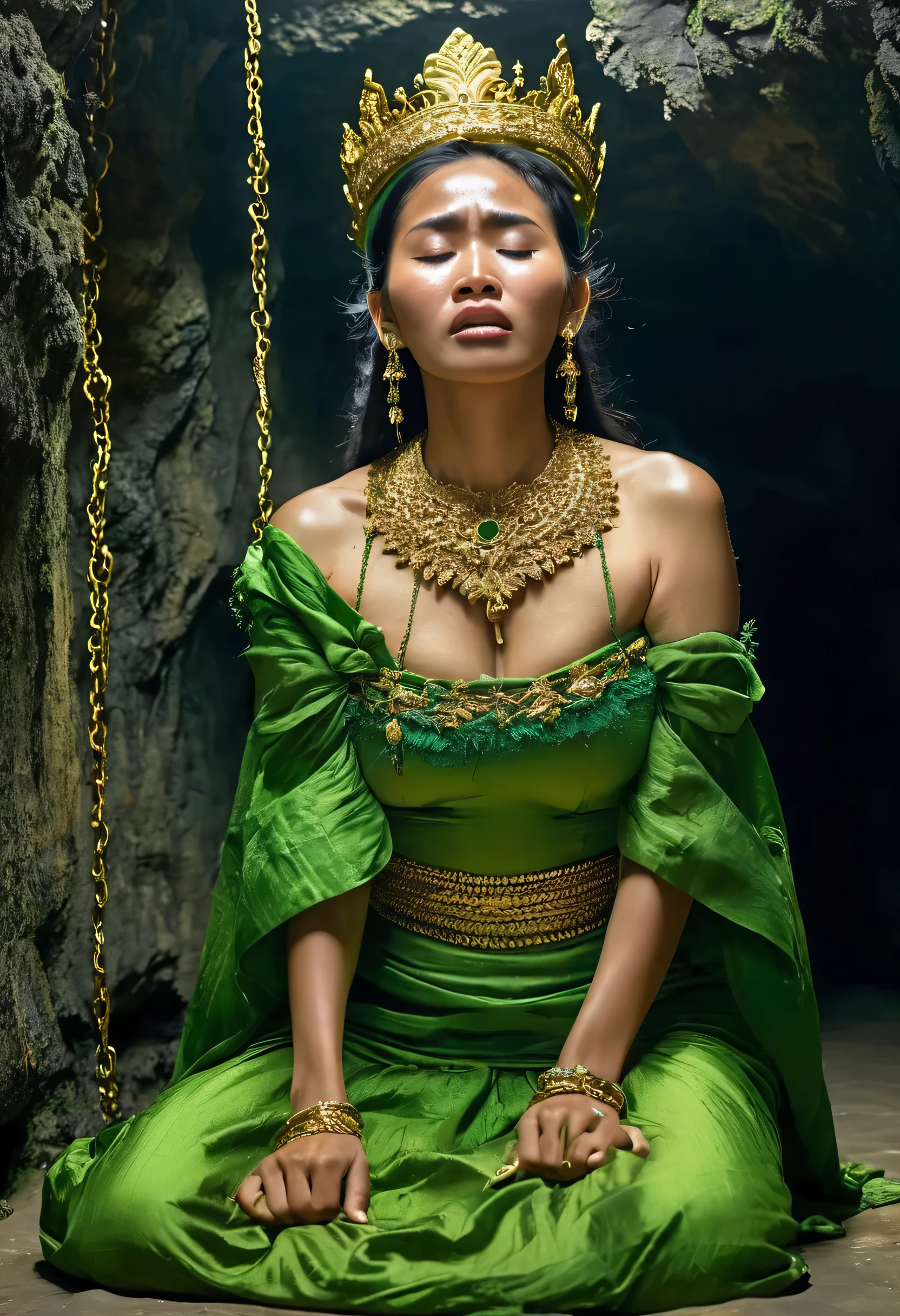 a Woman bounded by shackles, weak, lifted hands, hairy armpits, unconscious, wearing an ancient Indonesian costume, a open green dress, complete gold jewelry covering her chest, gold supreme crown, expression of shame, weakness, sadness, crying, wronged. in the dungeon of cave
