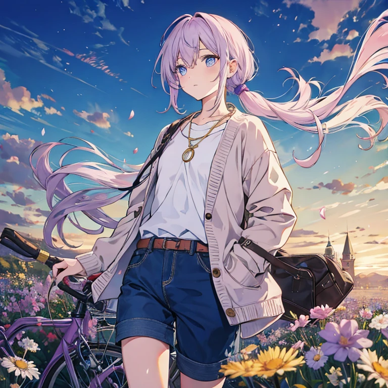 ((best quality)), ((masterpiece)), (detailed), perfect face. 1guy, androgynous, gold eyes, long lilac hair, straight hair, ponytail, button shirt, soft blue cardigan, casual shorts, simple locket necklace, riding a bicycle, flower meadow, windy