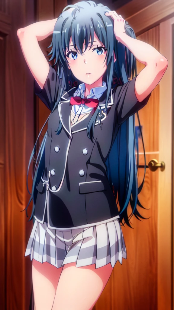 highest quality, masterpiece, High resolution, 1 girl, Yukino Yukinoshita, , pleated skirt, Long hair, white shirt, red blazer, a navy blue bow tie, white skirt with black frills at the end and dark brown shoes, with her accessories being a black beret on her head with a gray ribbon connected to it and a white pair of stockings with garterbelts, Are standing, smile, academic background,Wind,Skirt twisting, Black underwear.