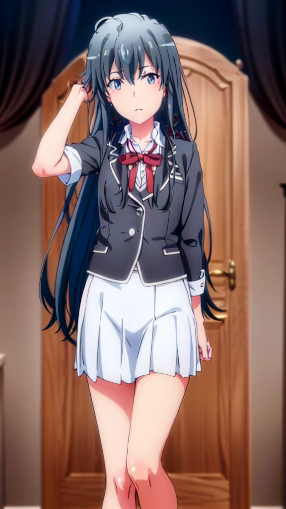 highest quality, masterpiece, High resolution, 1 girl, Yukino Yukinoshita, , pleated skirt, Long hair, white shirt, red blazer, a navy blue bow tie, white skirt with black frills at the end and dark brown shoes, with her accessories being a black beret on her head with a gray ribbon connected to it and a white pair of stockings with garterbelts, Are standing, smile, academic background,Wind,Skirt twisting, Black underwear.