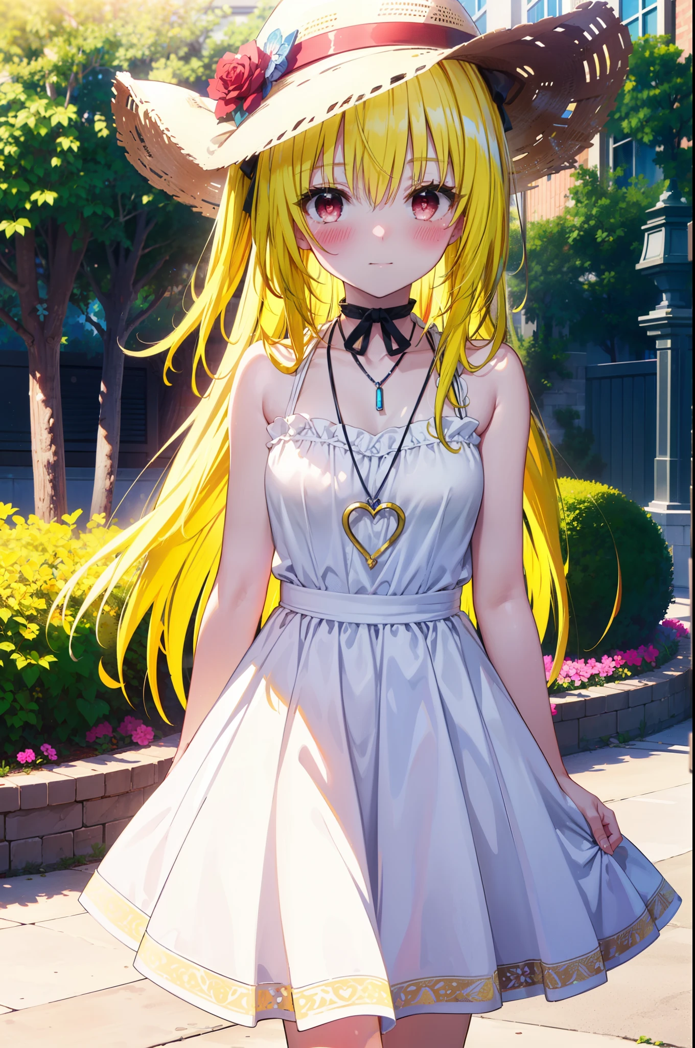 toloverumy, my, (yellow hair:1.5), Long Hair, (Red eyes:1.5), smile,blush, Embarrassing,Big white hat,Long skirt integrated sleeveless dress,Heart Necklace,Bare arms,Bare neck cute sandals,True Summer,Daytime,
break outdoors, garden,
break looking at viewer, (Cowboy Shot:1.5),
break (masterpiece:1.2), highest quality, High resolution, unity 8k wallpaper, (figure:0.8), (Beautiful fine details:1.6), Highly detailed face, Perfect lighting, Highly detailed CG, (Perfect hands, Perfect Anatomy),