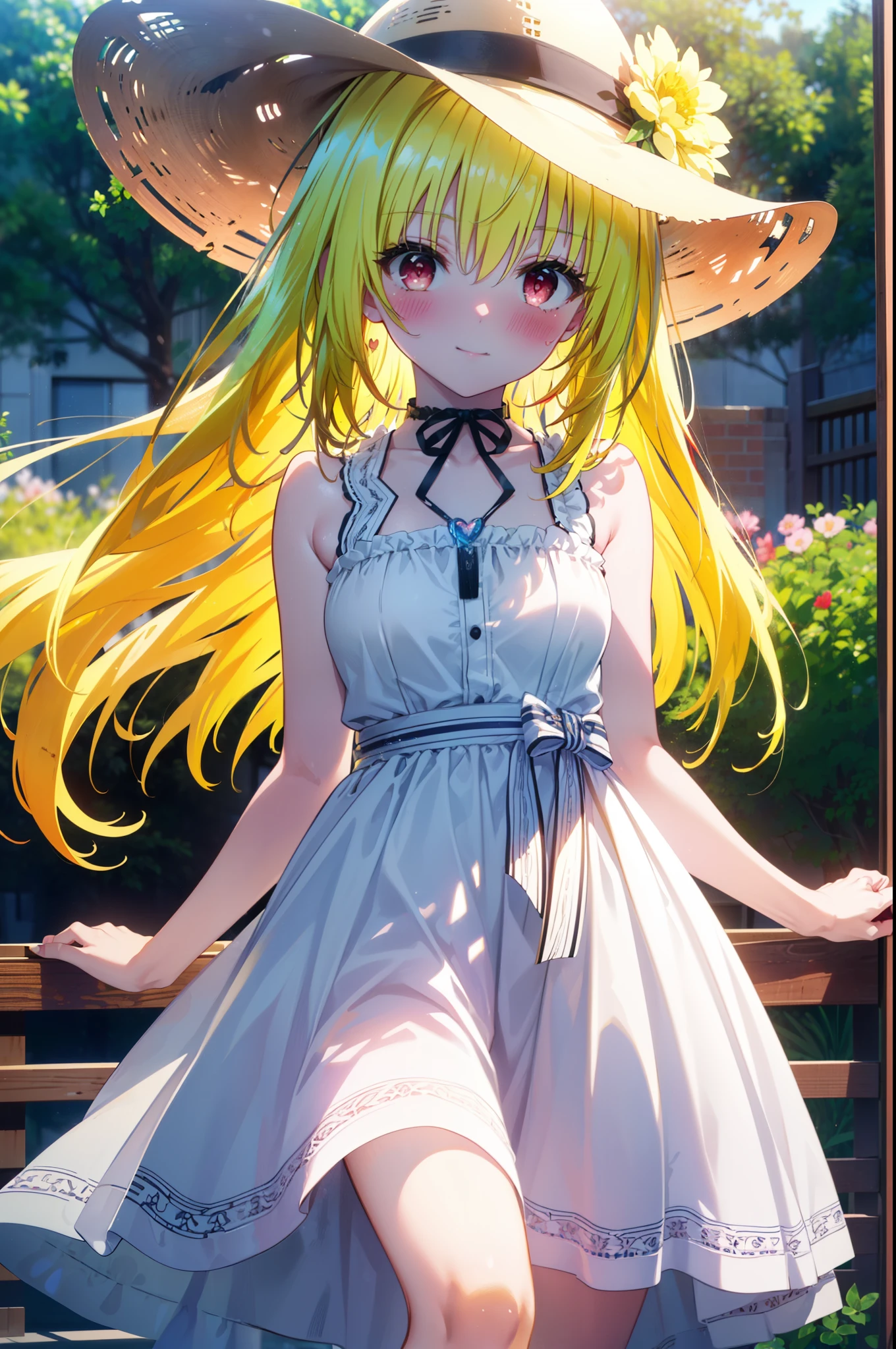 toloverumy, my, (yellow hair:1.5), Long Hair, (Red eyes:1.5), smile,blush, Embarrassing,Big white hat,Long skirt integrated sleeveless dress,Heart Necklace,Bare arms,Bare neck cute sandals,True Summer,Daytime,
break outdoors, garden,
break looking at viewer, (Cowboy Shot:1.5),
break (masterpiece:1.2), highest quality, High resolution, unity 8k wallpaper, (figure:0.8), (Beautiful fine details:1.6), Highly detailed face, Perfect lighting, Highly detailed CG, (Perfect hands, Perfect Anatomy),