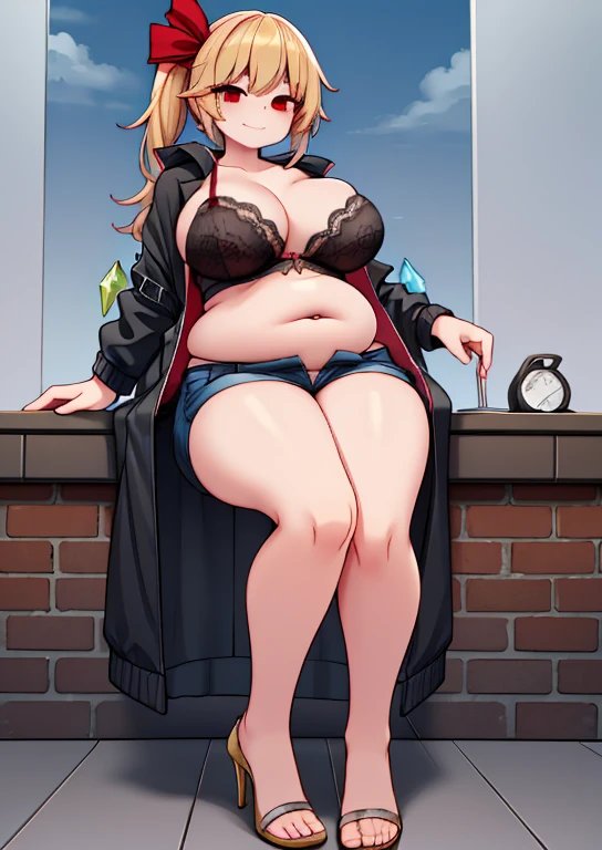 (masterpiece, best quality, highly detailed), 1girls, big belly, huge belly, art by kipteitei, round belly, chubby, curvy, belly grab, enormous belly, fat belly, thicc, bigger belly, really big belly, jiggly belly, glasses, unzipped jacket, (no shirt), bra, thight shorts, high heels, smug face ((full body)), long hair, ((dominant)), giantess, Flandre scarlet