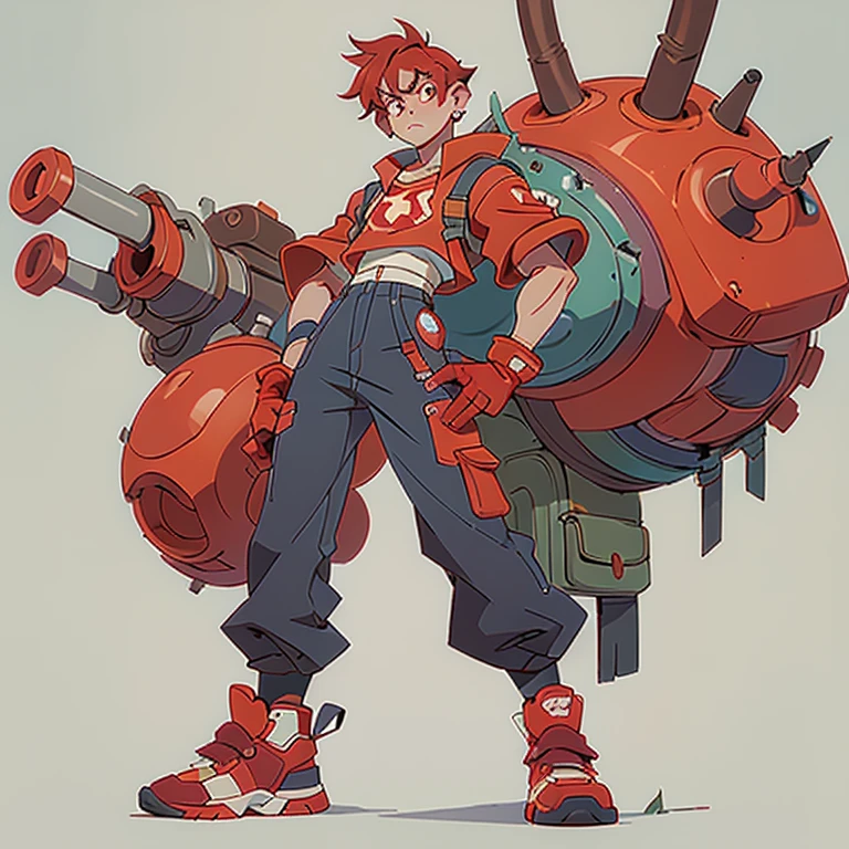 cute and tall boy, serious look, ropa oscura y roja, ojos rojos, pantalones largos, zapatos grandes y amarillos, una pose divertida, mechanic glove.