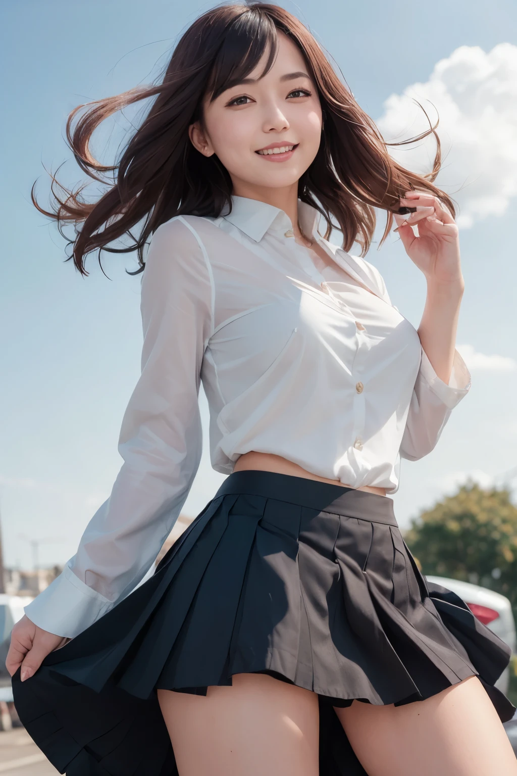 Girl and girl, blouse, ((lifts skirt:1.3)), (wind flips up skirt and reveals panties:1.2), ((shows panties)), light smile, outdoors,