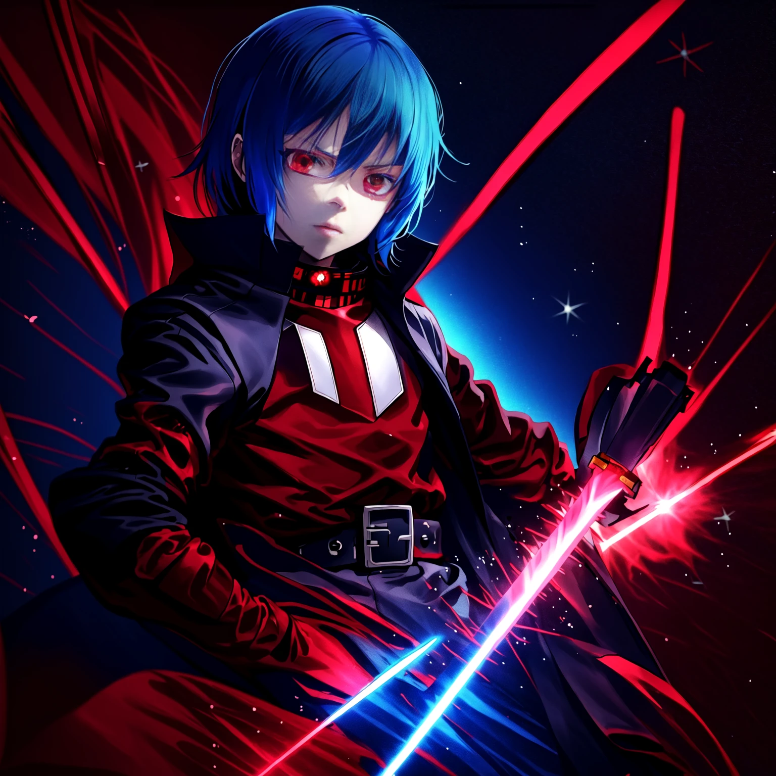 anime character with blue hair and red eyes, holding a red lightsaber, cool anime 8K, ufotable art style, epic anime style, anime rei, anime style 4k, best anime 4k konachan wallpaper, The Daring  Killer, laser sword, Red eyes.