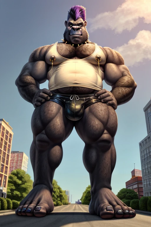 ((best quality)), ((masterpiece)), (detailed), perfect face, Macro Furry, Bara Furry, Macrophilia, Anthropomorphic Gorilla, 30.5 years old, 18'3 tall, Massive pecs, broad shoulders, musclegut, gold nipple rings, septum piercing, large nose ring, tattoos, wearing skimpy tank top, black tank top, tank top covers full torso, tank top showing pecs, nipple slip, wearing black leather shorts, Mohawk hairstyle, indigo hair, Liberty Spikes, black leather spiked collar, barefoot, foot focus, foot fetish, looking at viewer, looking down at viewer, perspective shot, leg raised up, about to stomp viewer, sole focus, foot above viewer, barefoot, viewers POV, looming over viewer, walking around city, location based on Annapolis, Maryland, perfect shading, soft shading, soft colors, vivid colors, pastel colors 