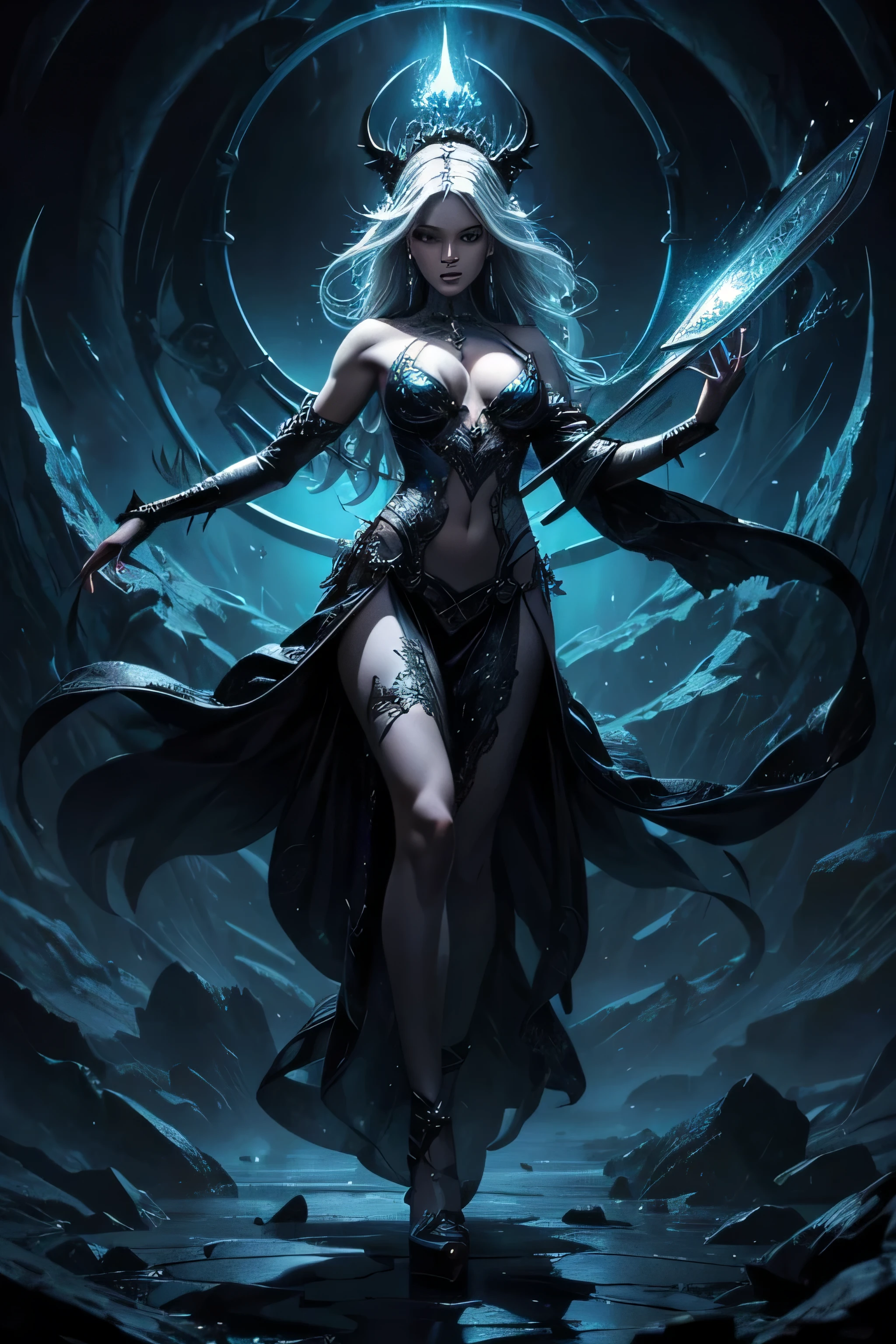 A seductive women demon with scales for skin, balancing on a razor-thin edge between worlds, surrounded by swirling mists and shifting shadows. Background of swirling mist and shifting scales, representing the balance and harmony that Libra seeks.