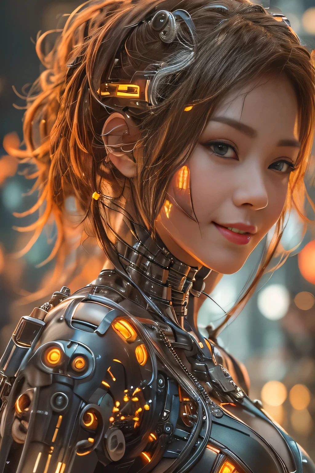 Glowing cyber girl with cybernetic arm,(See-through costume:1.3, )Stand on the post-apocalyptic battlefield.Surrounded by a network of wires. surrounded by circuits. (Cyber girl with a submachine gun:1.3), Shiny light brown and orange striped short hair,Cute Smile,Perfect round face,A bright smile that makes everyone happy,Proper body balance,Tabletop,Ultra-high quality output images,High resolution,Intricate details,Very delicate and beautiful hair,Photo realistic,dream-like,Professional Lighting,Realistic Shadows,Focus Only,Beautiful Hands,Beautiful fingers,Detailed characteristics of the fingers,Detailed garment features,Detailed hair features,Detailed facial features,