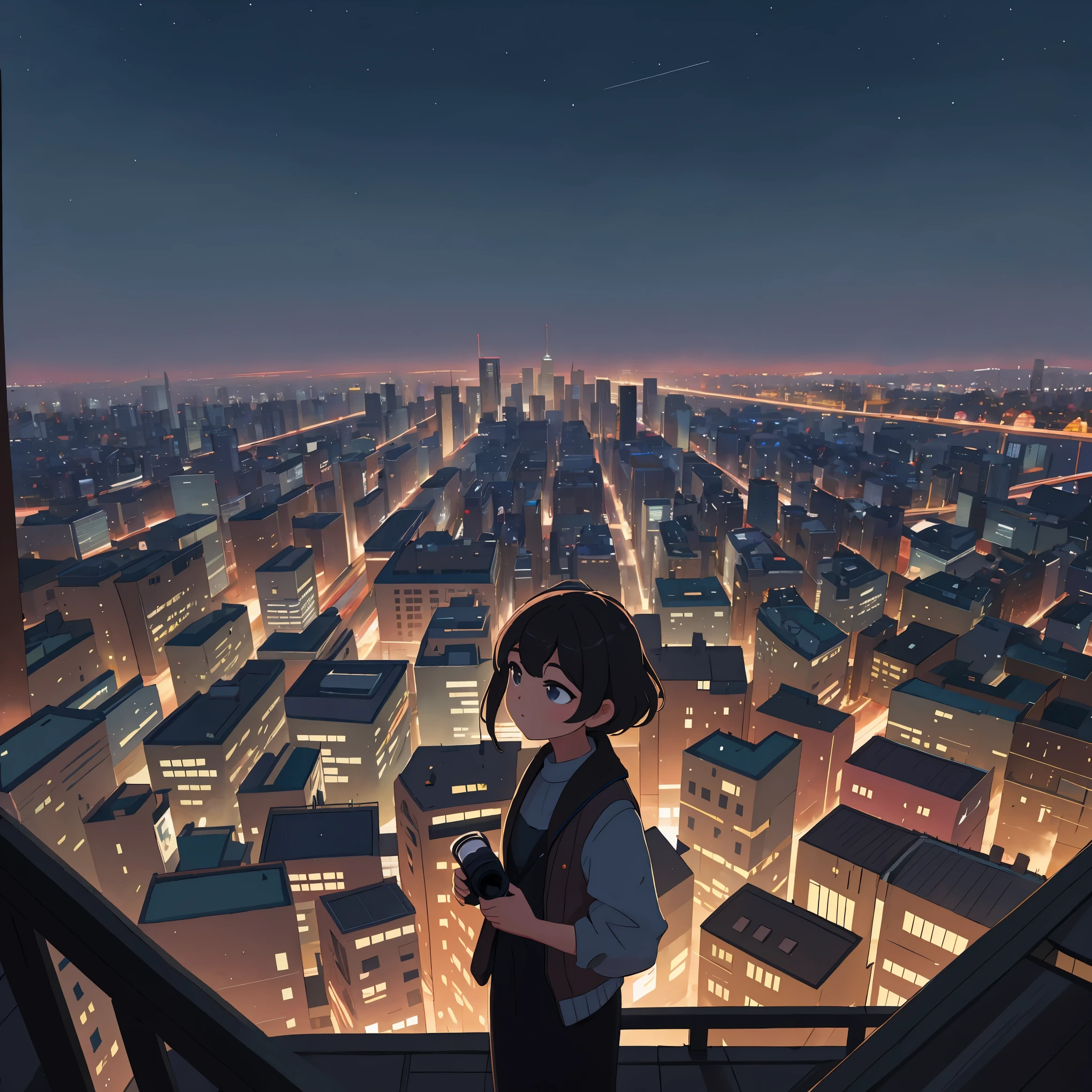 A person standing on a rooftop overlooking the city skyline at night, with twinkling lights and a sense of loneliness and contemplation, distant background slightly blurred, rich details, photography effect, ultra-detailed, highres, masterpiece:1.2, ultra-fine painting, realistic:1.37, HDR, studio lighting, sharp focus, vivid colors, bokeh, portraits