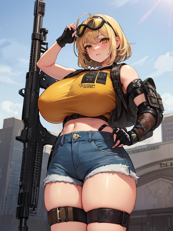 solo 1girls thick figure thick thighs size huge breast hard nipple size fat ass yellow eyes tan skin short blonde messy hair wear fingerless gloves wear short crop top hoodie wear short crop jean ripped wear holster wear black stocking tight outfit holding a rifle on hands wear tactical backpack wear tactical goggle on head 