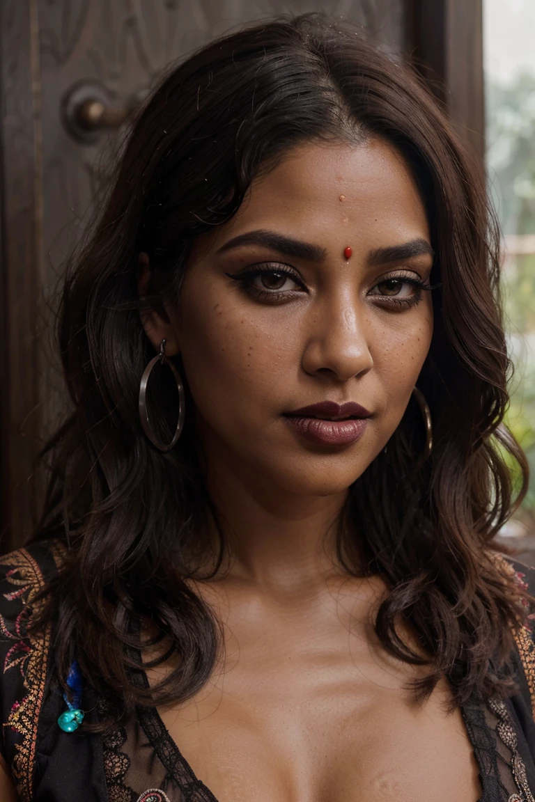 (front focus), beautiful, gorgeous mature women, 45 years old mature aunty, chubby, beautiful face, (((big red Bindi))), (((dark lipstick))), (((earring's))), mature aunty face, (((gorgeous makeup))), (((dark eyelashes))), (looking at viewer), ?????? horny mood, ????? lust expression, 8K, RAW photo, highest quality),(epic realistic:1.5), (detailed eyes:0.8),(looking at the camera:1.4), (highest quality), (best shadow),intricate details, cinematic, ((dark skin:1.4)), (dark wavy hair:1.3),studio realistic, (hdr:1.5), detailed, freckles