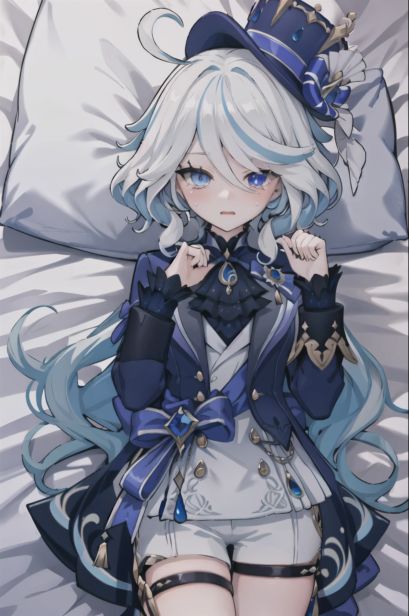 1girl, furina \(genshin impact\), heterochromia, top hat, blue jacket, short shorts, thigh strap, waist cape, looking at viewer, glaring, blush, tears, lying, bed sheet, hands up