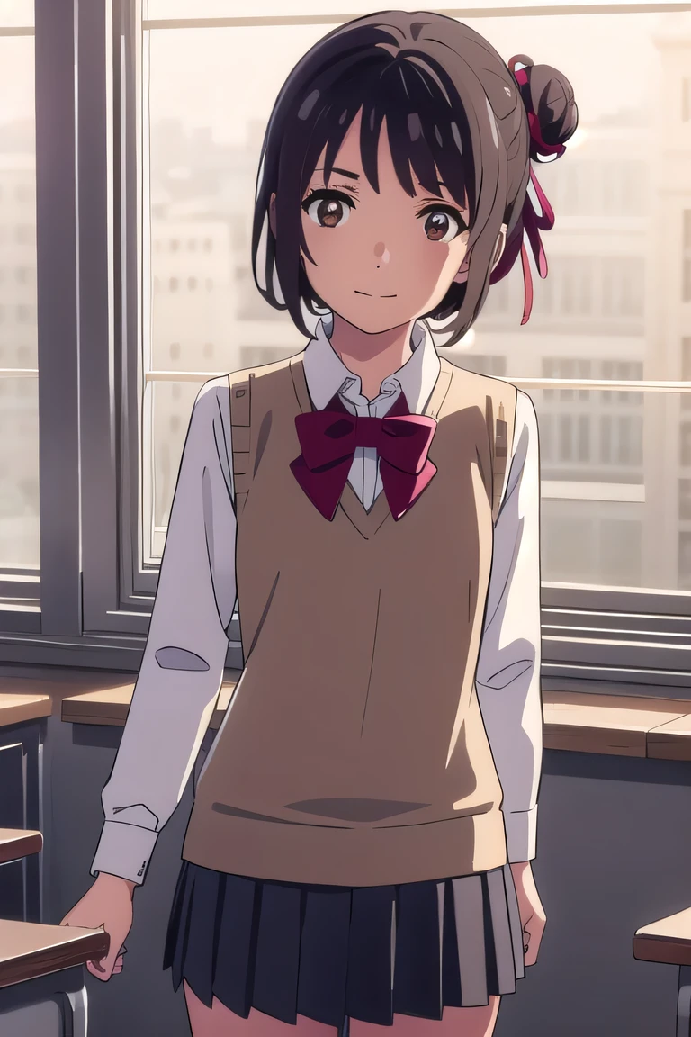 mitsuhamiyamizu, mitsuha miyamizu, black hair, (brown eyes:1.5), smile,
BREAK short hair, bow, ribbon, hair bun, , hair ribbon, bowtie, red ribbon, sweater vest, (light brown sweater:1.5), shirt, white shirt, collared shirt, long sleeves, skirt, black skirt, pleated skirt,
BREAK indoors, classroom,
BREAK looking at viewer, (cowboy shot:1.5),
BREAK (masterpiece:1.2), best quality, high resolution, unity 8k wallpaper, (illustration:0.8), (beautiful detailed eyes:1.6), extremely detailed face, perfect lighting, extremely detailed CG, (perfect hands, perfect anatomy),