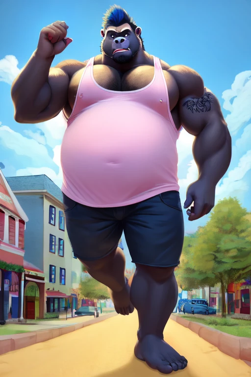 ((best quality)), ((masterpiece)), (detailed), perfect face, Macro Furry, Bara Furry, Macrophilia, Anthropomorphic Gorilla, Daddy, Dilf, 30.5 years old, 18'3 tall, Massive pecs, broad shoulders, musclegut, gold nipple rings, septum piercing, large nose ring, tattoos, wearing skimpy tank top, black tank top, tank top covers full torso, tank top showing pecs, nipple slip, wearing black leather shorts, Mohawk hairstyle, indigo hair, Liberty Spikes, black leather spiked collar, barefoot, foot focus, foot fetish, looking at viewer, looking down at viewer, perspective shot, leg raised up, about to stomp viewer, sole focus, foot above viewer, barefoot, viewers POV, looming over viewer, walking around city, location based on Annapolis, Maryland, perfect shading, soft shading, soft colors, vivid colors, pastel colors 