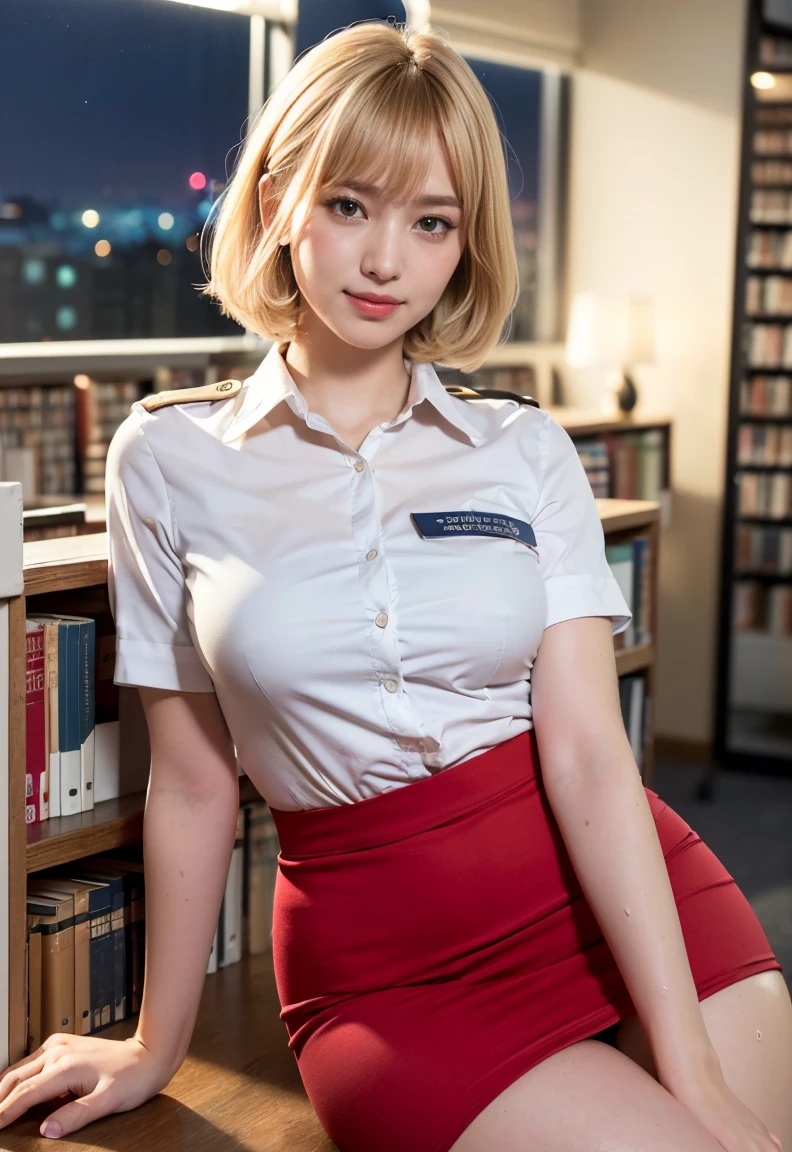 A photorealistic of a beautiful school girl, wearing tight uniform, redhead shortbob hair, tattoo, bitchy face look, huge boobs,