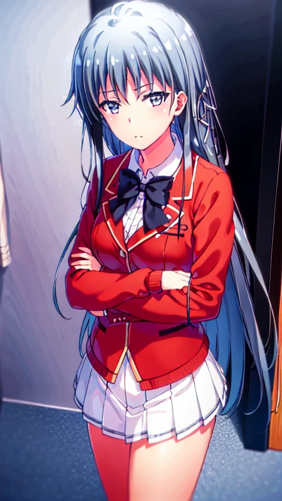 highest quality, masterpiece, High resolution, 1 girl, Yukino Yukinoshita, Long hair, white shirt, red blazer, a navy blue bow tie, white skirt with black frills at the end and dark brown shoes, with her accessories being a black beret on her head with a gray ribbon connected to it and a white pair of stockings with garterbelts, Are standing, smile, happy , cheerful mode, academic background,Wind,Skirt twisting, Black underwear.
