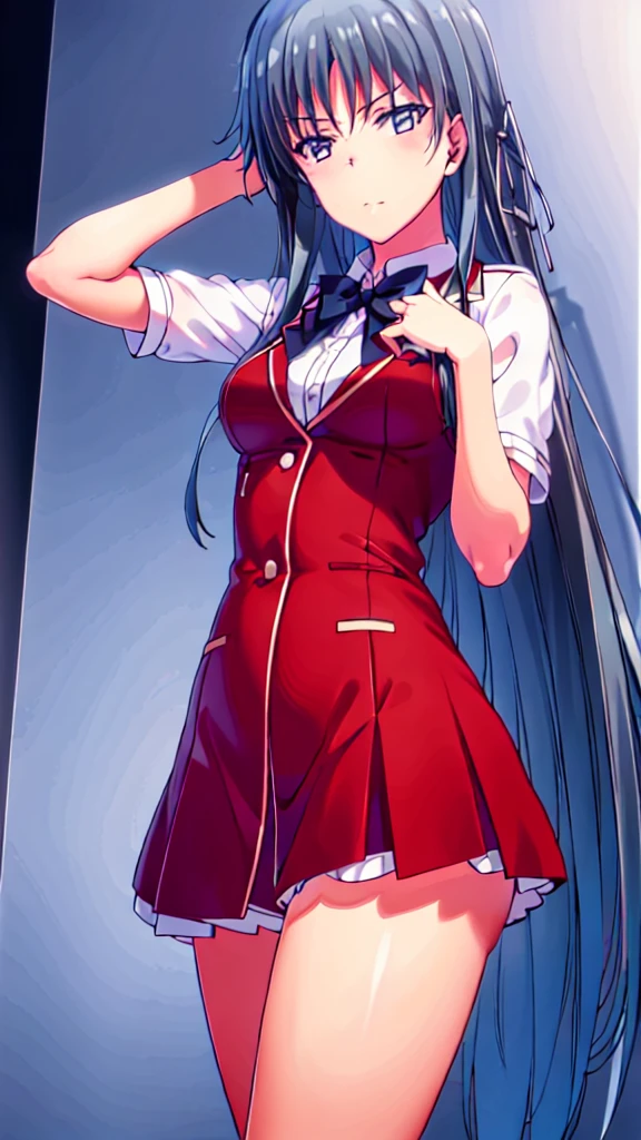 highest quality, masterpiece, High resolution, 1 girl, Yukino Yukinoshita, Long hair, white shirt, red blazer, a navy blue bow tie, white skirt with black frills at the end and dark brown shoes, with her accessories being a black beret on her head with a gray ribbon connected to it and a white pair of stockings with garterbelts, Are standing, smile, happy , cheerful mode, academic background,Wind,Skirt twisting, Black underwear.