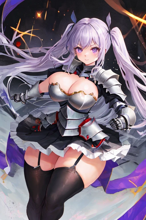masterpiece, best quality, 1girl, light purple hair, long hair, twintails, bright purple eyes, cute, (black and silver knight armor, skirt, stockings:1.3), (curvy, slim waist, big breasts, bursting breasts, bottomheavy, thick thighs, wide hips:1.1)