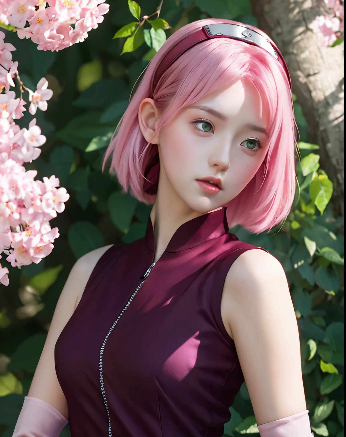 haruno sakura, naruto \(series\), naruto shippuuden, anime art style, masterpiece, red shirt, shirt, short hair, sleeveless, sleeveless shirt, forehead protector, hairband, konohagakure symbol on hairband, 1girl, solo, bangs, breasts, closed mouth, elbow sleeve, eyes visible through hair, floating hair, foreshortening, green eyes, hair intakes, parted bangs, pink hair, small breasts, v-shaped eyebrows, detailed background, outdoor, cherry blossoms, sky, (ultra detailed), (8k, intricate), (85mm), light particles, lighting, full body, (highly detailed:1.2), breast focus, (gradients), sfw, colorful, (detailed background), (rule of third_composition:1.3), (Line of action:1.2), daylight, solo