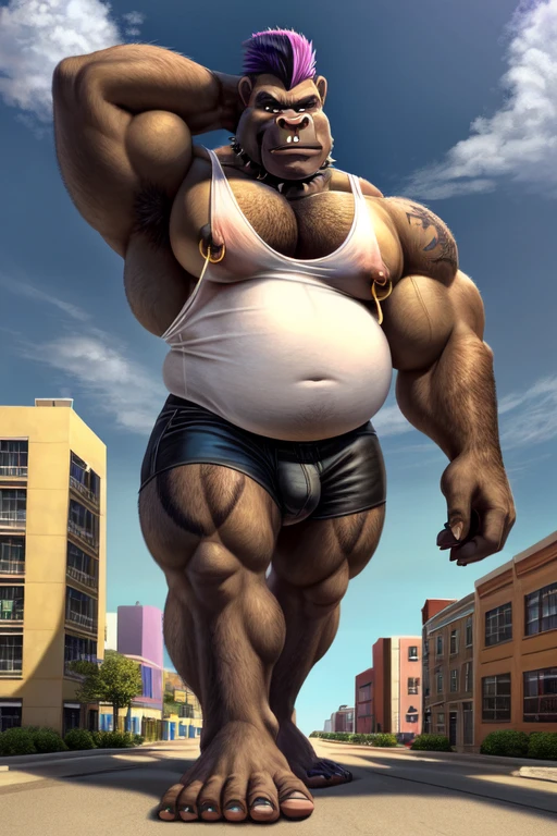 ((best quality)), ((masterpiece)), (detailed), perfect face, Macro Furry, Bara Furry, Macrophilia, Anthropomorphic Gorilla, Daddy, Dilf, 30., 18'3 tall, Massive pecs, broad shoulders, musclegut, gold nipple rings, septum piercing, large nose ring, tattoos, wearing skimpy tank top, black tank top, tank top covers full torso, tank top showing pecs, nipple slip, wearing black leather shorts, Mohawk hairstyle, indigo hair, Liberty Spikes, black leather spiked collar, barefoot, foot focus, foot fetish, looking at viewer, looking down at viewer, perspective shot, leg raised up, about to stomp viewer, sole focus, foot above viewer, barefoot, viewers POV, looming over viewer, walking around city, location based on Annapolis, Maryland, perfect shading, soft shading, soft colors, vivid colors, pastel colors