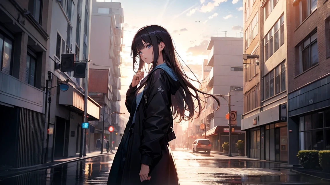Masterpiece Perfect Art The girl looked at the rainy sky. In the middle of the sky, The sun was shining dimly. The woman was standing on the roof of a tall building.. The atmosphere of light and color is beautiful and fascinating..