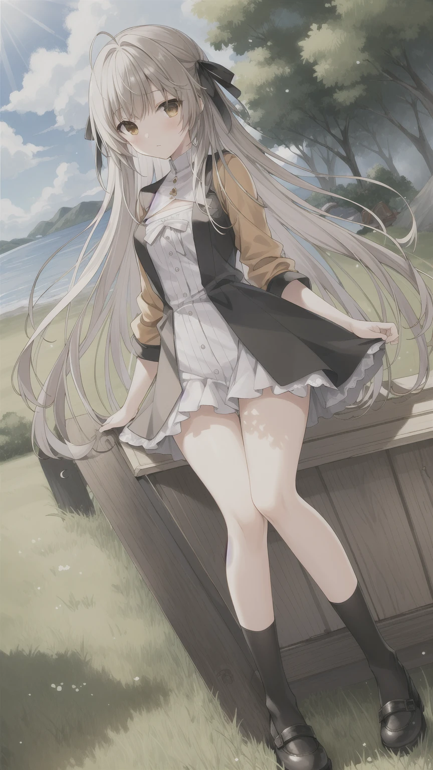 ((masterpiece:1.4, best quality)) ,Kasugano Sora,Naughty and energetic girl,Brown eyes,Happy,Long straight hair，Black knee-high socks Jane Shoes，summer，Sunburst Orange Jacket