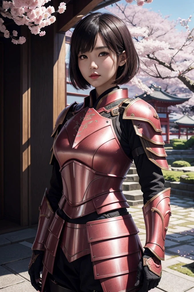 Beautiful Japan young woman, wearing armor, Thick symmetry features, Very short hair, Background with cherry blossoms, pink halo, Red lips, Octane Rendering,
