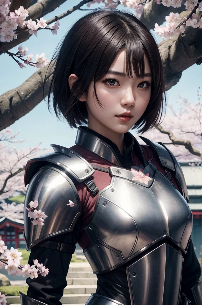 Beautiful Japan young woman, wearing armor, Thick symmetry features, Very short hair, Background with cherry blossoms, pink halo, Red lips, Octane Rendering,