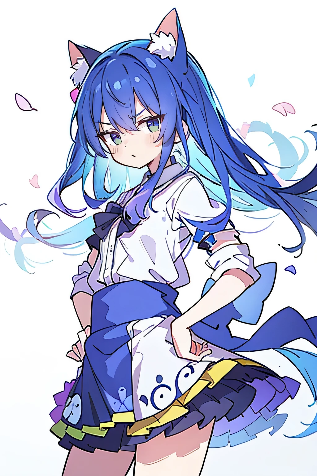 (masterpiece),best quality, expressive eyes, perfect face, 1girl,
 Put your hands on your waist,fair, Gorgeous,Japanese cartoons,girl,lola,Hina Angel, blue hair, blue haired, floating clothes,Grab your waist, Grab your waist, hands on hips , hands on hips,sit, sit on ground, Legs on the ground, flat chest,cat ears,Petals fall,