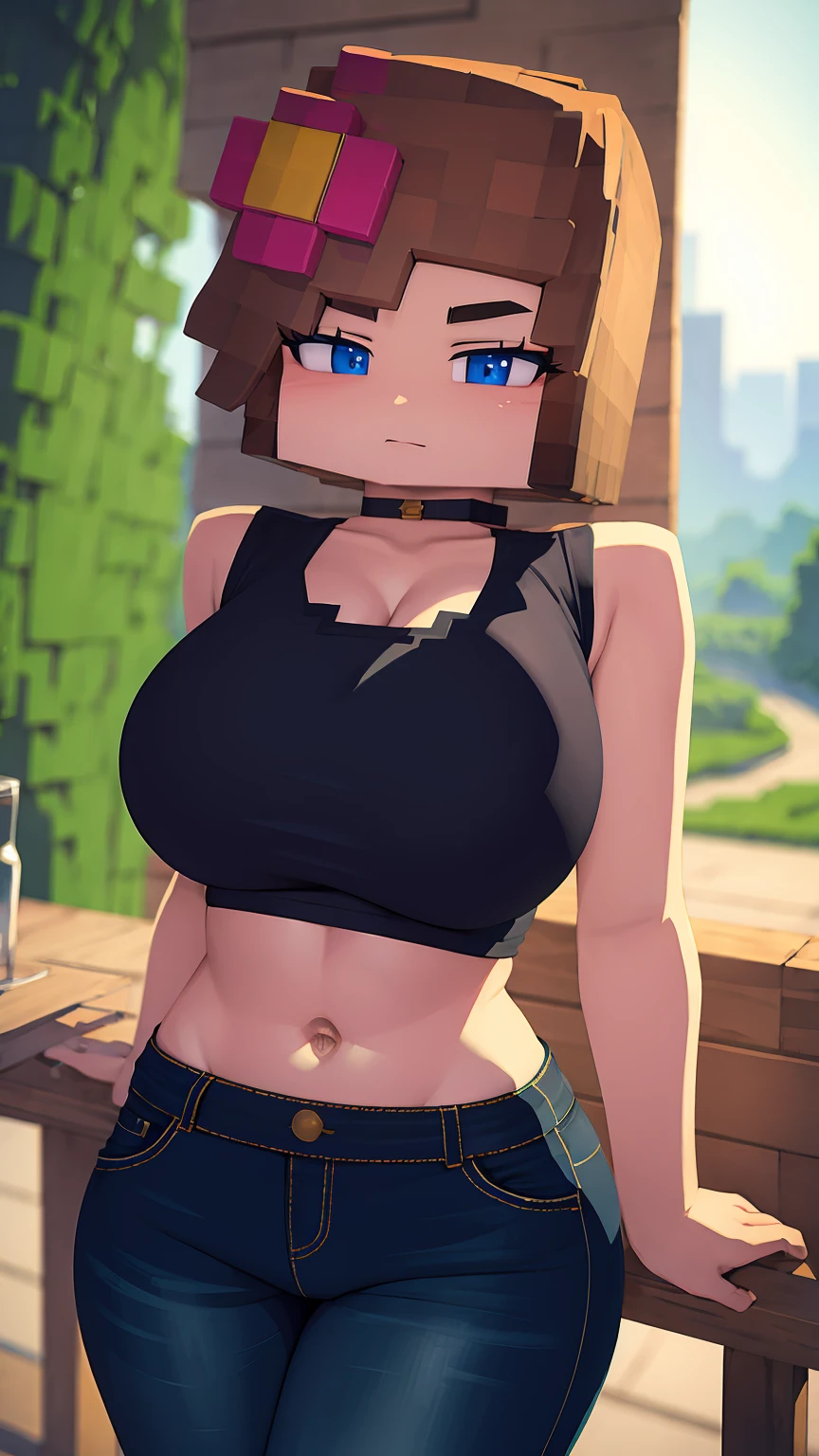 ((high detail, best quality, 4K, masterpiece, HD:1.3)), ((best quality)), (((HD))), (((8k))), (超DH), (ultra HD),minecraft Jenny Belle black sports top jeans big breasts breast enlargement sexy village