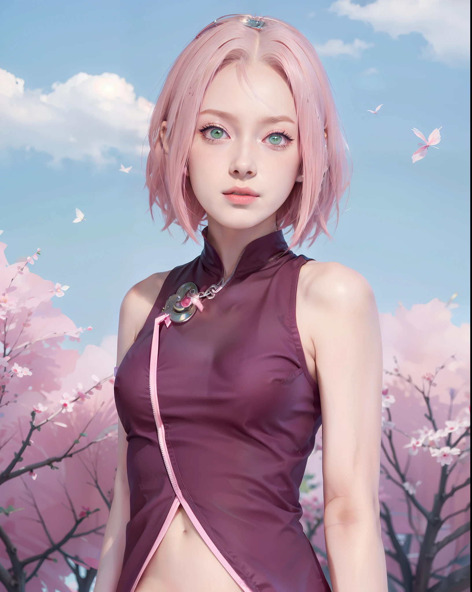 young woman, short shoulder-length pink hair, wide forehead, porcelain skin, pink eyebrows, big emerald green eyes, buttoned nose, full lips, heart-shaped face, slender body, small breasts, red tank top, Sakura Haruno , realistic, realism, details, 3d, well detailed