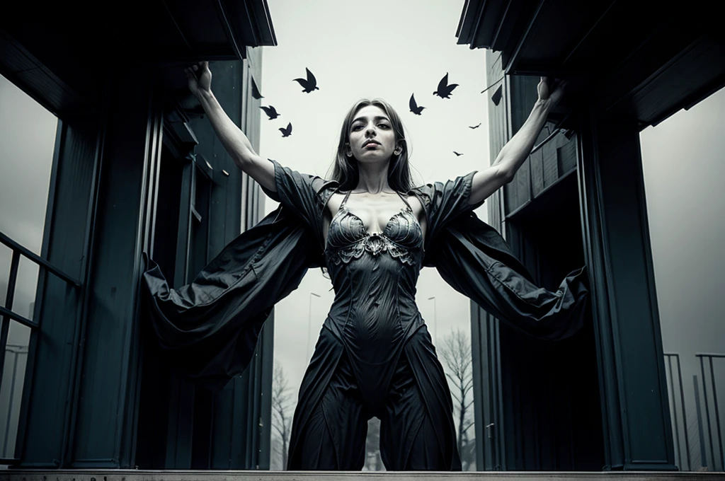 suspended in the face of a giant, in the style of haunting imagery, monumental figures --s 750 --v 6.0