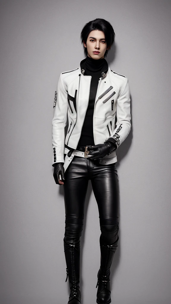Final Fantasy-inspired graphics, young cute cool japanese boy, Thin eyebrows and beady eyes, He is wearing a shiny off-white leather single-breasted jacket., with epaulettes, The jacket is zip-up, The pattern on the jacket is a little black line., The jacket has a high stand-up collar with a belt, Black turtleneckも着用, black leather pants,Tight, thin black leather gloves on both hands, Black leather knee-high lace-up boots,show, show head-to-toe, whole body, Final Fantasy Style、good looking、Clear eyes and nose、((White single leather jacket))、((The jacket has long sleeves))、Black turtleneck、((black leather pants))、((Black leather gloves on both hands))、((Black lace-up leather long boots))、((View from head to toe))、Bright image quality、Photo-realistic image quality and textures、((upright))