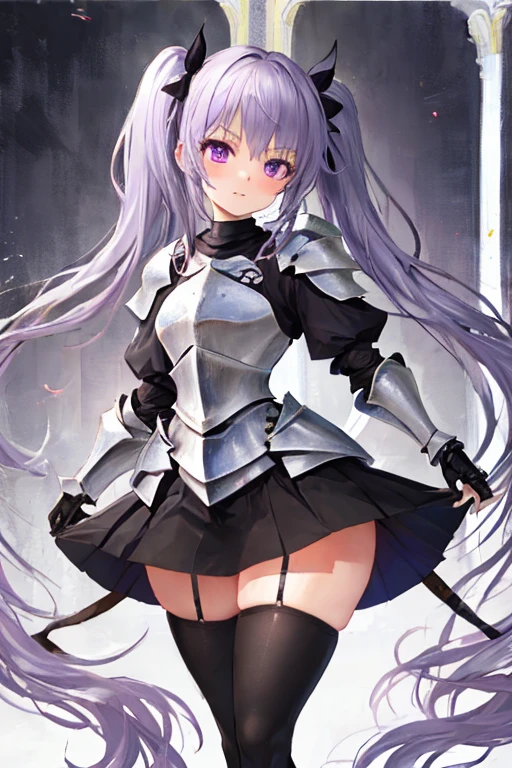 masterpiece, best quality, 1girl, light purple hair, long hair, twintails, bright purple eyes, cute, (black and silver knight armor, skirt, stockings:1.3), (curvy, slim waist, bottomheavy, thick thighs, wide hips:1.1)