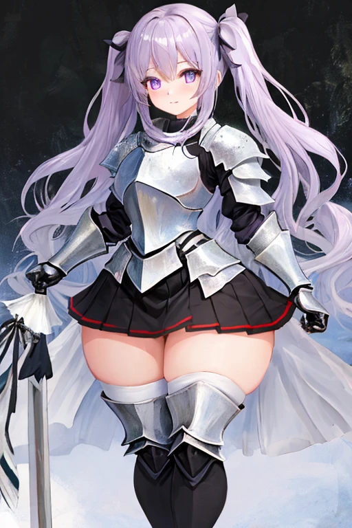 masterpiece, best quality, 1girl, light purple hair, long hair, twintails, bright purple eyes, cute, (black and silver knight armor, skirt, stockings:1.3), (curvy, slim waist, bottomheavy, gigantic ass, gigantic thighs, insanely wide hips:1.1), forest