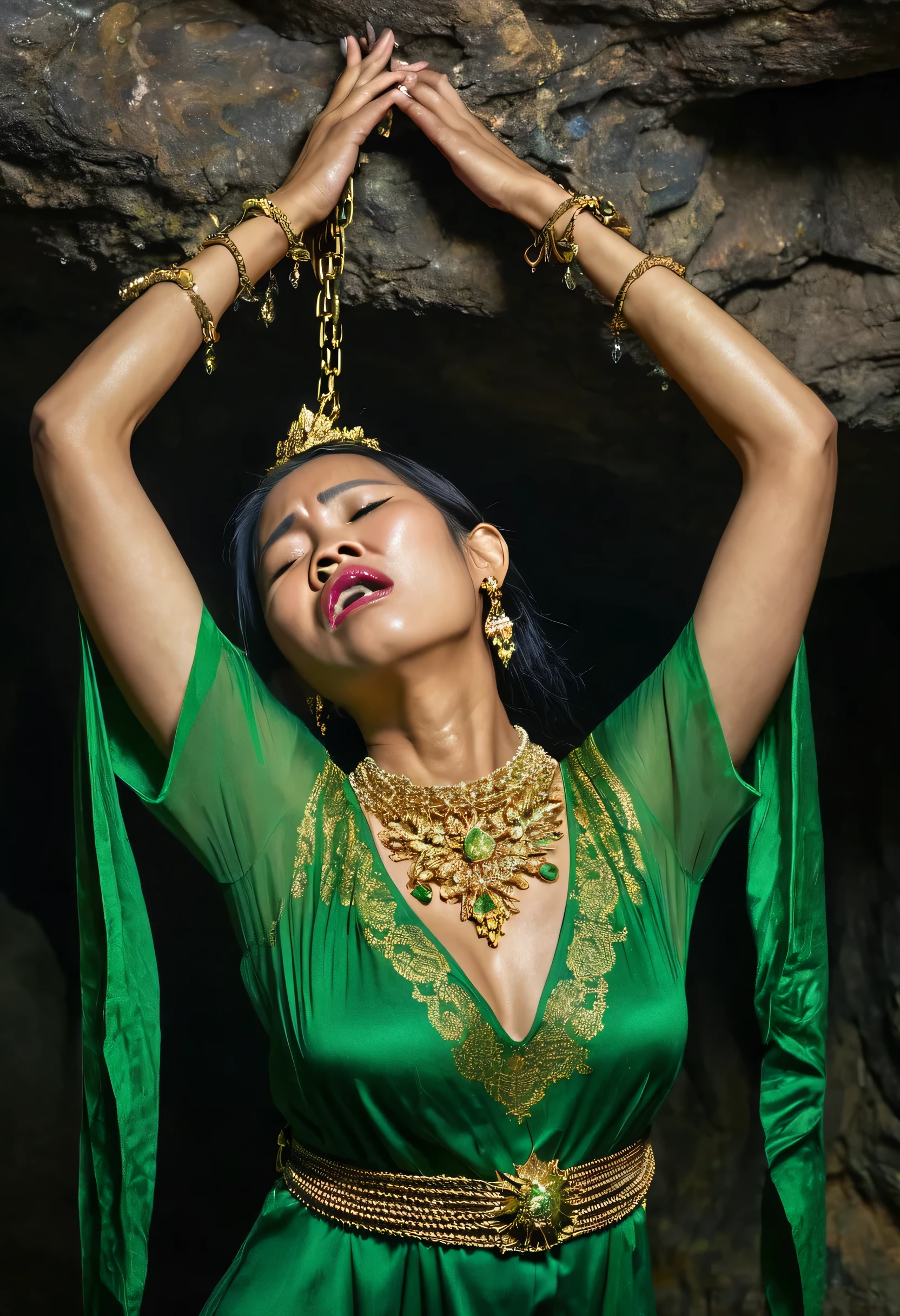 a Woman bounded by shackles, weak, lifted hands, showing hairy armpits, wearing an Javanese open green dress, complete gold jewelry covering her chest, gold supreme crown, expression of shame, weakness, sadness, crying, wronged. in the dungeon of cave
