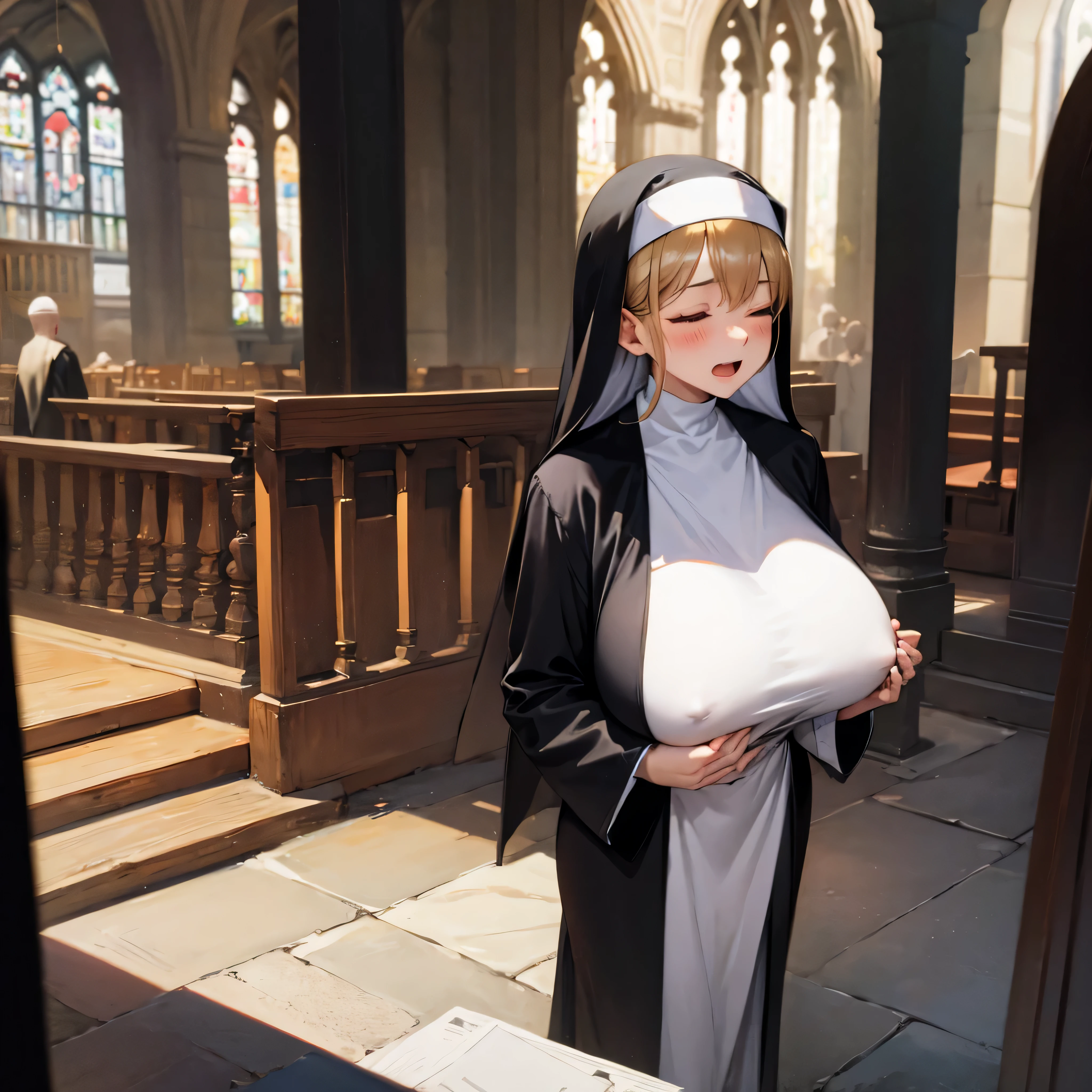(solo:1.2), (1 praying skinny cute nun:1.3) standing in church, (praying with holding hands together over chest:1.2), (tight sheer long black robe:1.5), (disproportionately gigantic breasts:1.3), (bursting perky breasts:1.3), inconceivably narrow waist, too short torso, skinny long legs, closing eyes, nose blush, open mouth, (heavy breathing:1.3), stained glass in distance, full body, 8k, ultra-detailed, masterpiece, beautiful detailed hair