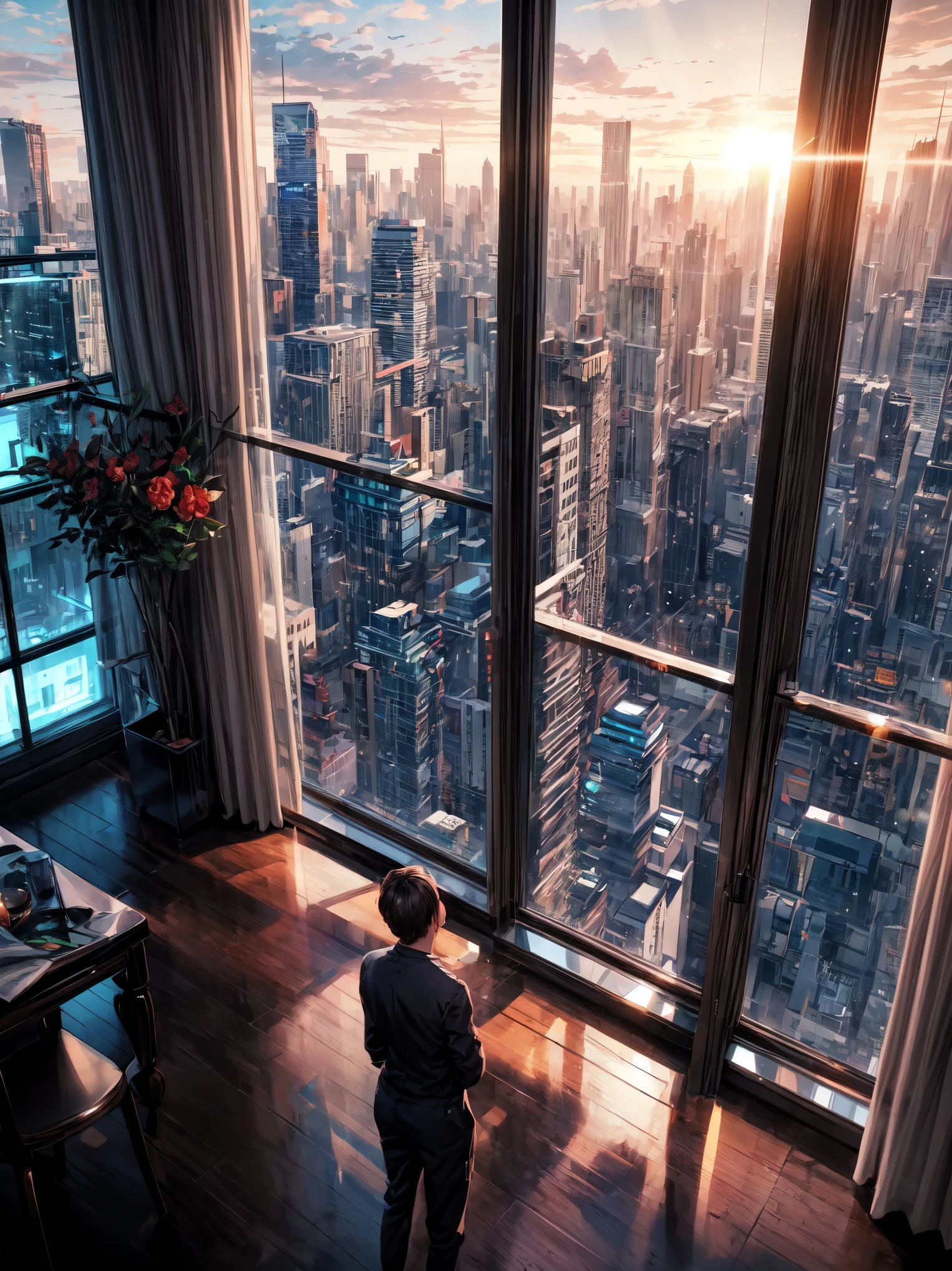 ((Person Standing on the Rooftop)),highrise building,sunset view,urban landscape,city lights,panoramic view,dusky skyline,gentle breeze (best quality,4k,8k,highres,masterpiece:1.2),silhouette,intense colors,vibrant atmosphere,serene moment,quiet contemplation,stunning sunset,peaceful solitude,urban escape,modern metropolis,architectural marvels,impressive skyline,serene setting,awe-inspiring heights,limitless horizons,hidden perspectives,adventure from above,cityscape beyond,apartment buildings,urban jungle,luxury penthouses,loft living,skyscrapers (HDR,UHD,studio lighting),(realistic,photorealistic,photo-realistic:1.37),minimalist design,subtle shadows,perspective lines,crisp details,reflection in windows,bright city lights,rooftop garden,green oasis,plants and flowers,relaxing space,tranquil retreat,rooftop escape,panoramic terrace
