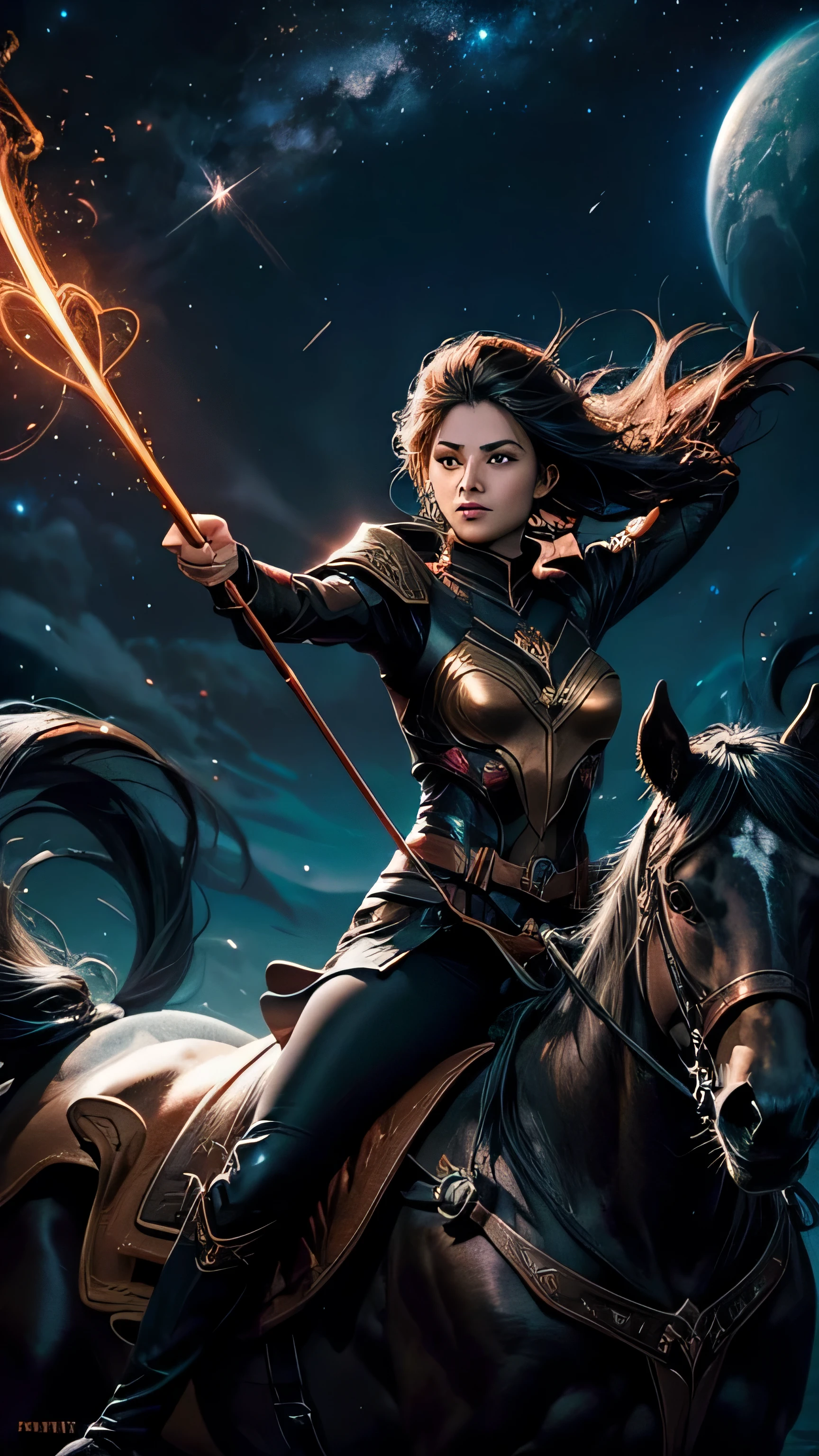 A dark archer riding a fiery steed, shooting arrows of chaos and rebellion into the heart of the abyss, embodying Sagittarius' adventurous spirit and quest for truth. Background of swirling cosmic nebulae and shooting stars, embodying the adventurous and expansive spirit of Sagittarius.