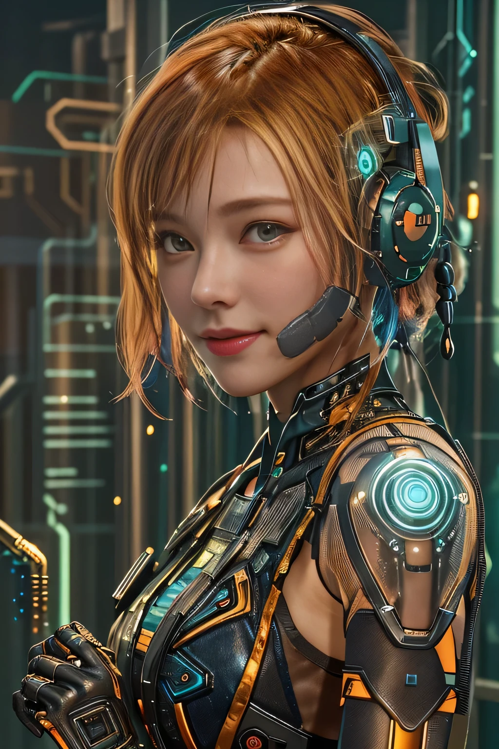 Glowing cyber girl with cybernetic arm,(See-through costume:1.3, )Stand on the post-apocalyptic battlefield.Surrounded by a network of wires. surrounded by circuits. (Cyber girl with a submachine gun:1.3), Shiny light brown and orange striped short hair,Cute Smile,Perfect round face,A bright smile that makes everyone happy,Proper body balance,Tabletop,Ultra-high quality output images,High resolution,Intricate details,Very delicate and beautiful hair,Photo realistic,dream-like,Professional Lighting,Realistic Shadows,Focus Only,Beautiful Hands,Beautiful fingers,Detailed characteristics of the fingers,Detailed garment features,Detailed hair features,Detailed facial features,