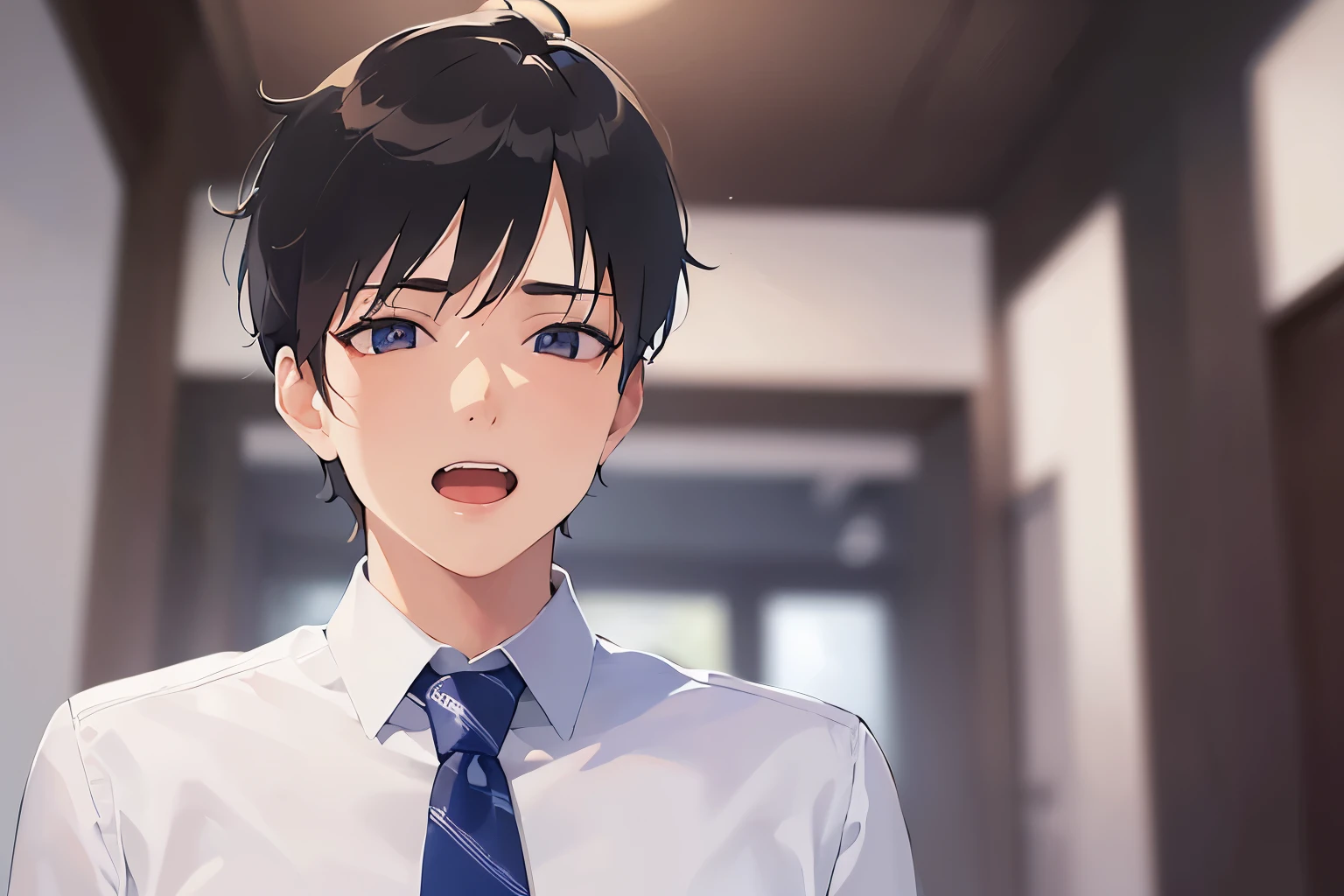 Shooting from below、Upper body, masterpiece、highest quality、(alone:1.5)、(25-year-old male:1.5) and (Black short hair) and (blue eyes), (White shirt) and (Blue tie)、Are standing、(confused), open mouth, The background is the office、Bold composition