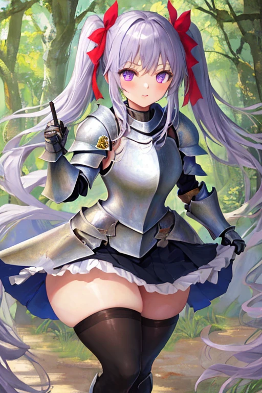 masterpiece, best quality, 1girl, light purple hair, long hair, twintails, bright purple eyes, cute, (black and silver knight armor, skirt, stockings:1.3), (curvy, slim waist, bottomheavy, thick thighs, wide hips:1.1), forest