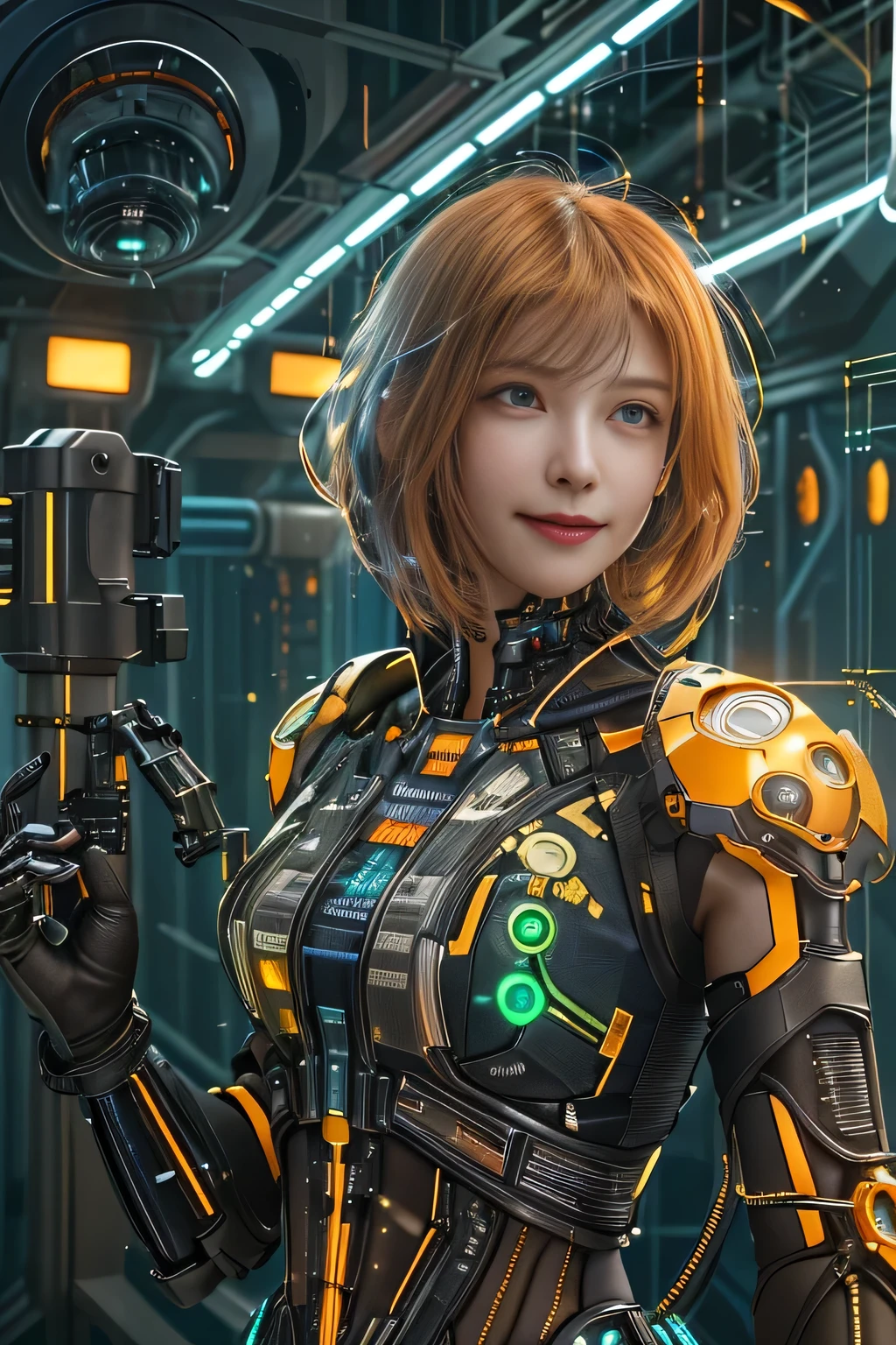 Glowing cyber girl with cybernetic arm,(See-through costume:1.3, )Stand on the post-apocalyptic battlefield.Surrounded by a network of wires. surrounded by circuits. (Cyber girl with a submachine gun:1.3), Shiny light brown and orange striped short hair,Cute Smile,Perfect round face,A bright smile that makes everyone happy,Proper body balance,Tabletop,Ultra-high quality output images,High resolution,Intricate details,Very delicate and beautiful hair,Photo realistic,dream-like,Professional Lighting,Realistic Shadows,Focus Only,Beautiful Hands,Beautiful fingers,Detailed characteristics of the fingers,Detailed garment features,Detailed hair features,Detailed facial features,