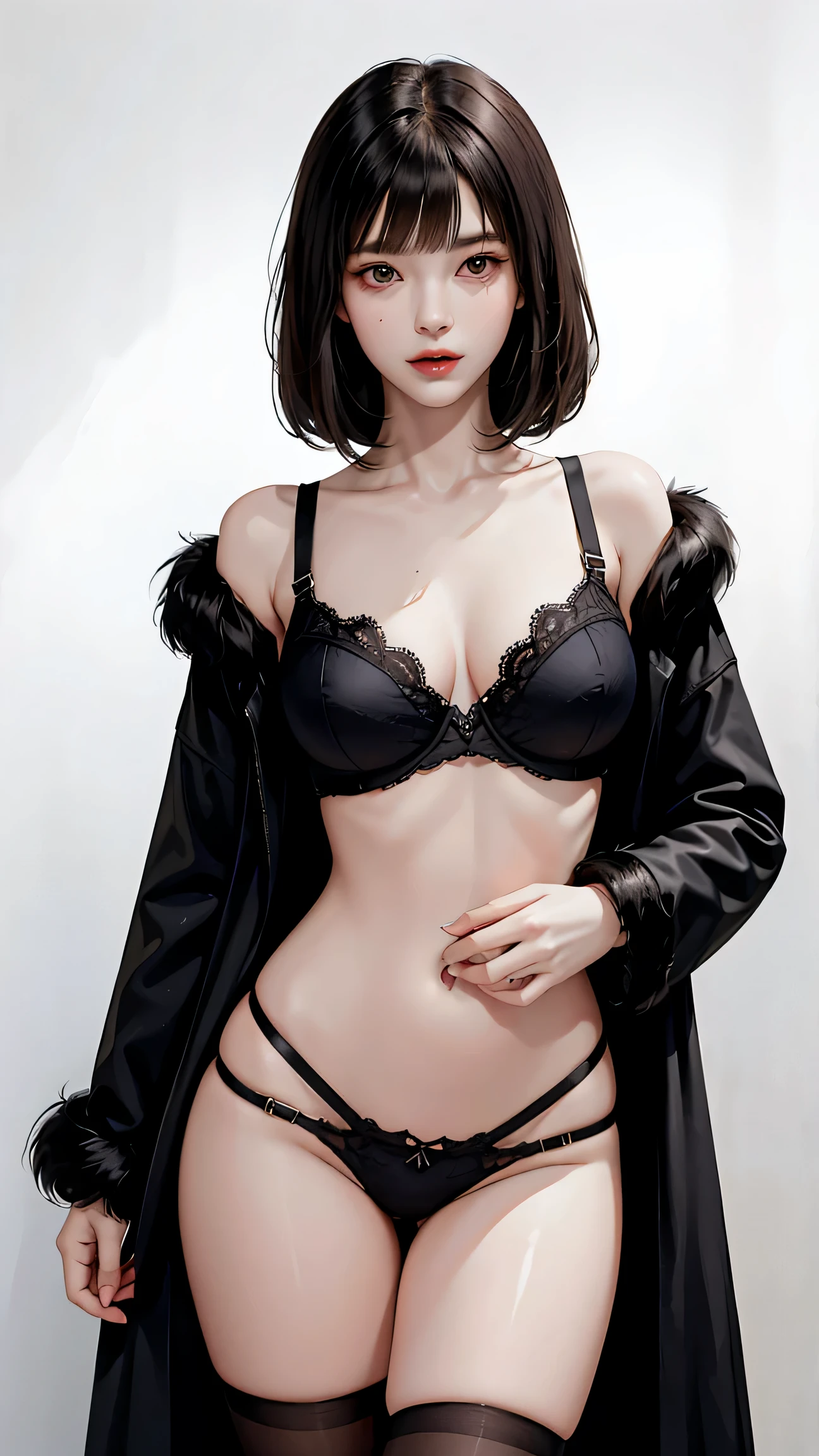 SFW, photograph, highest quality, High resolution 8K,The most beautiful agers,17 yite skin, Super detailed, Messy short hair, Beautiful black hair with bangs、Perfect body, Toned Up,A lively exotic, erotic, , Big Breasts,Tight waist, big butt is very detailed, Fubuki , One Punch Man, Open fur coat,micro lingerie, wear a bra,((Narrow waist)), young asian girl, ((Big Breasts)),